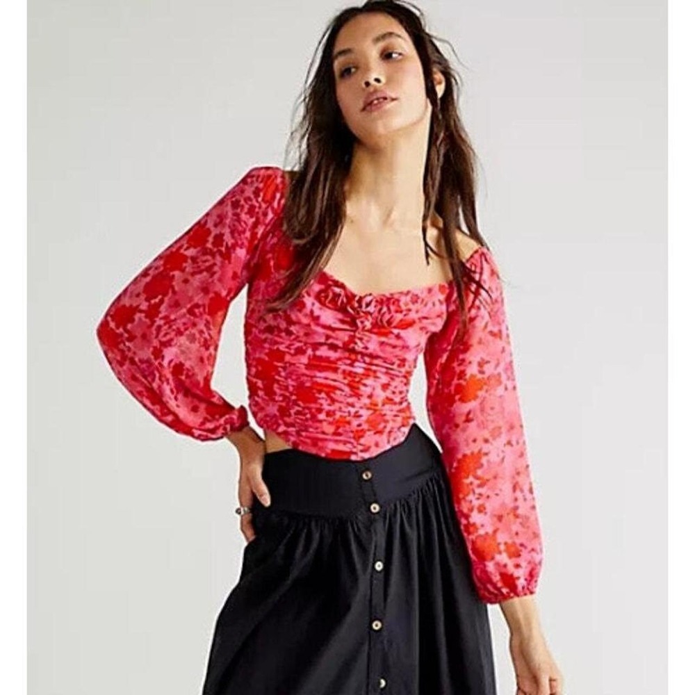 Free People Floral Print Ruched Square Neck Long Sleeve Crop Top Pink Red Size L